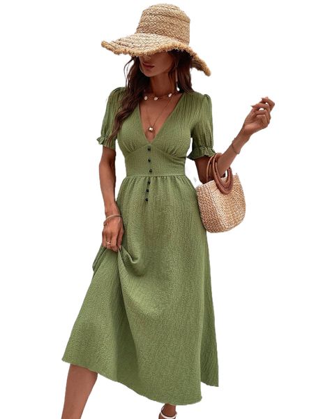 

button front puff sleeve dress v4eo#, Black;gray