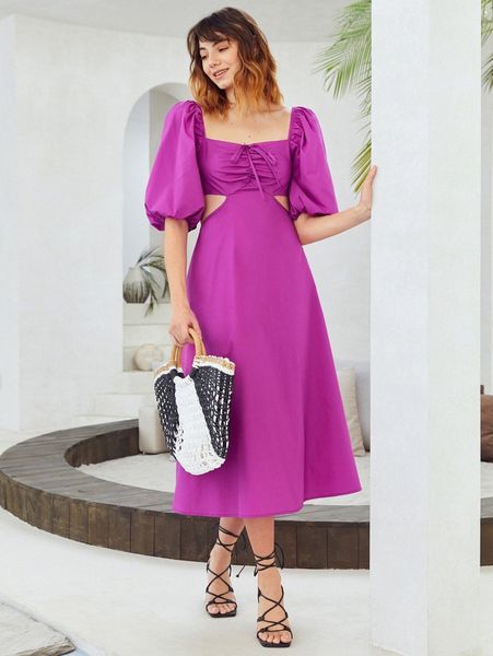 

square neck puff sleeve dress t9yu#, Black;gray