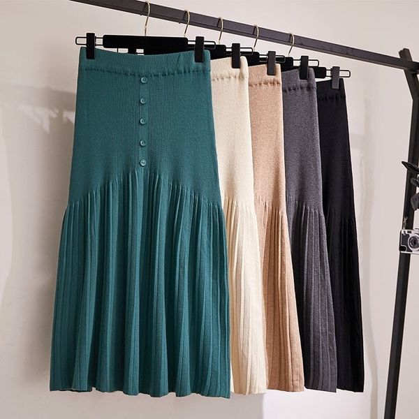 

winter autumn skirts knitting wool pleated long skirt buttons high waist elastic large hem saia midi skirts y200326, Black