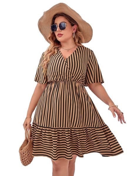 

plus striped ruffle hem dress y48z#, Black