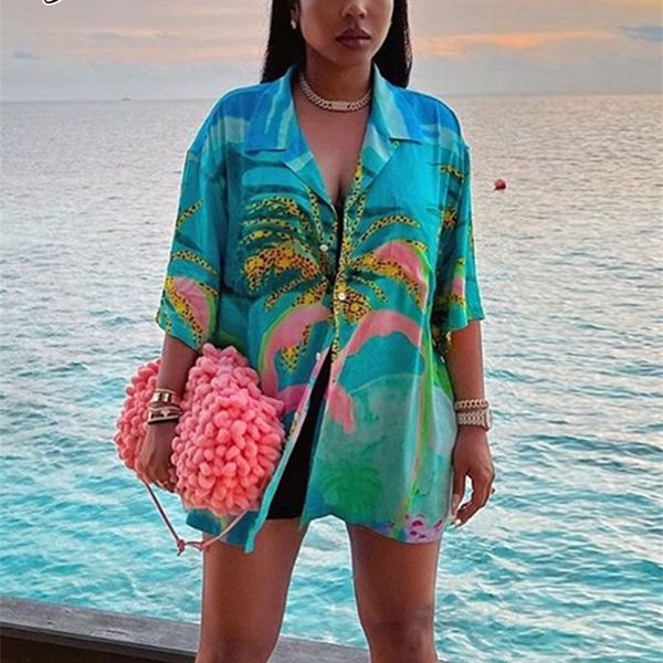 

joskaa woman shirts printed short sleeve casual loose button up shirt summer women blouse 220810, White