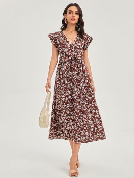 

floral print butterfly sleeve belted dress e2a8#, Black;gray