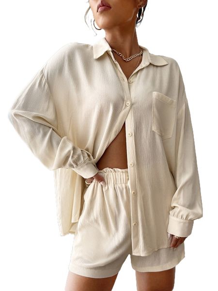 

solid button front drop shoulder shirt & shorts t5qz#, White