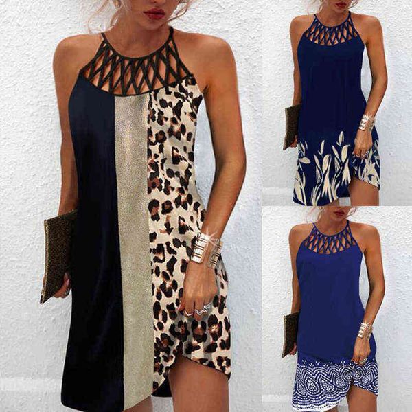 Vintage Halter Hollow Party Dresses Donna Elegante Backless senza maniche Estate New Fashion Loose Leopard Patchwork Boho Mini Dress G220510