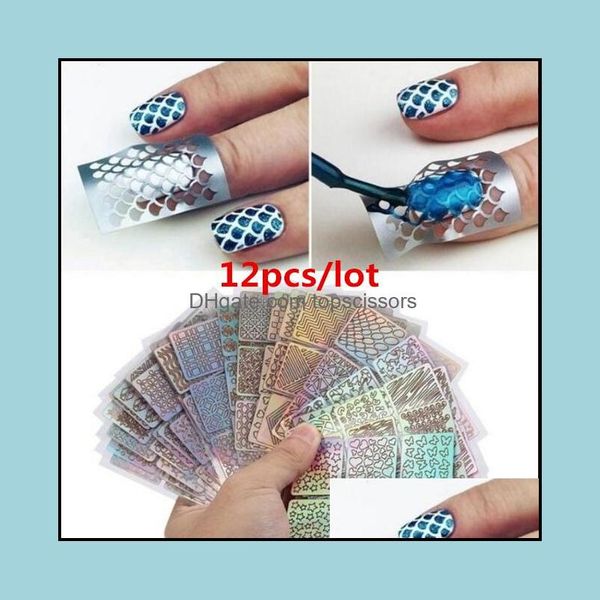 Adesivi Decalcomanie Nail Art Salon Salute Bellezza 12 fogli/lotto Riutilizzabile 3D Fai da te Vinile Stencil Guida Hallow Adesivo Manicure Onda curva Laser Ti