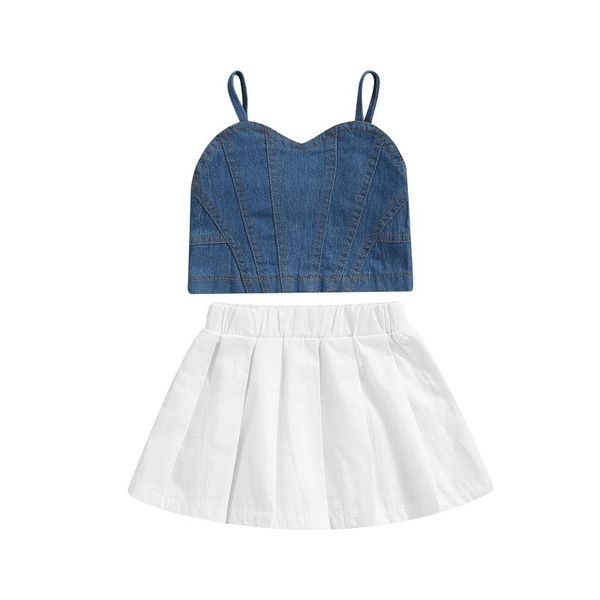 Kleidungssets für Kinder, Babys, Mädchen, stilvoll, 2 Stück, Rock, Sling, ärmellos, Patchwork, Denim-Tanktops mit elastischer Taille, plissierte kurze Röcke, 1–6 Jahre