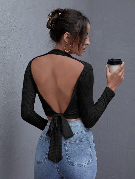

tie open back rib-knit crop tee v6uw#, White