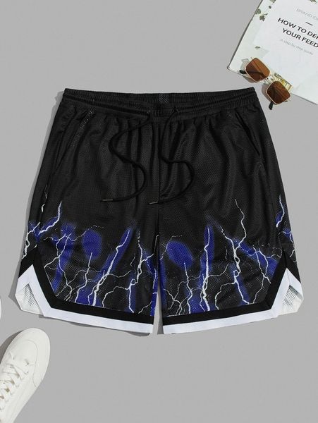 

men lightning print striped trim drawstring waist shorts x1hm#, White;black