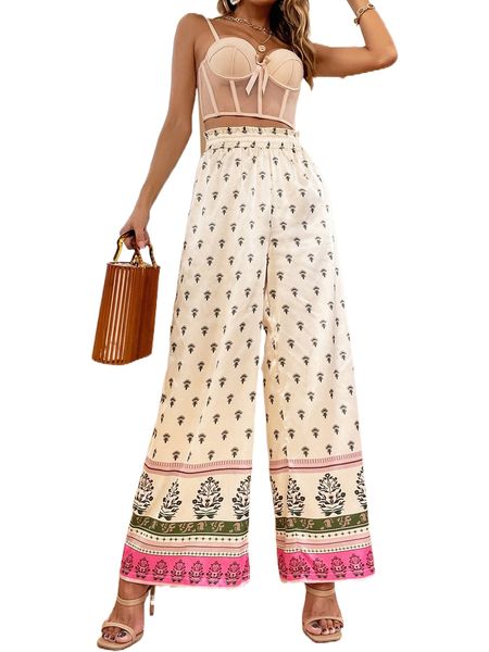 

floral print paperbag waist satin wide leg pants k0rt#, Black;white