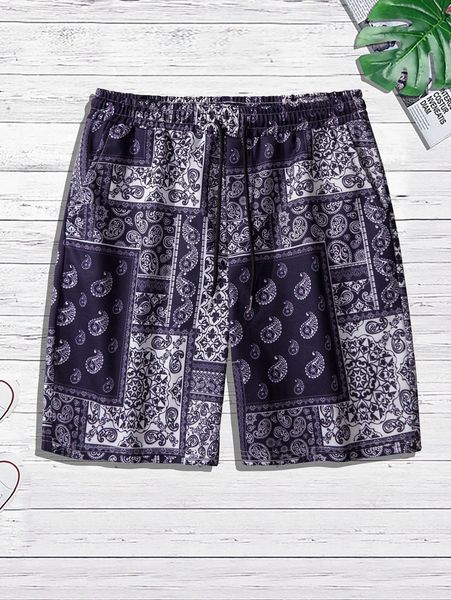 

men random paisley print drawstring waist shorts 72ny#, White;black