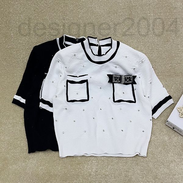 

women's sweaters designer 2022 summer new nail drill short sleeve diamond lattice knitted ice silk pullover round neck pocket bow knit, White;black