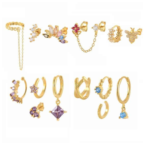 

clip-on & screw back copper earrings set for women vintage classic colorful zircons flower bee chain 3/4 pcs cartilage clips jewelrycli, Silver