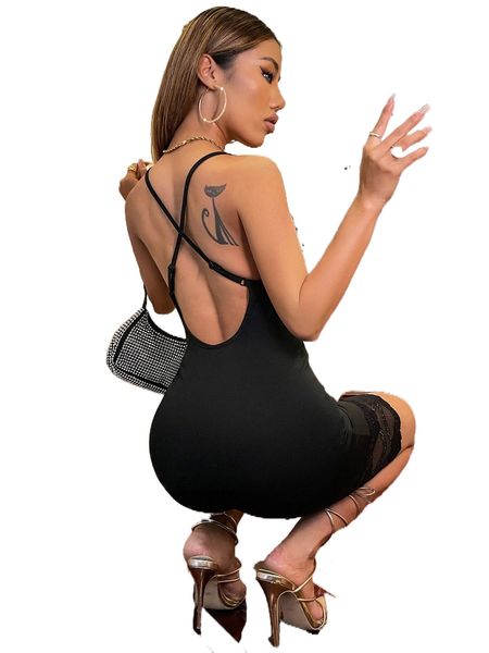 

criss cross backless contrast floral lace cami unitard romper q8wx#, Black;white