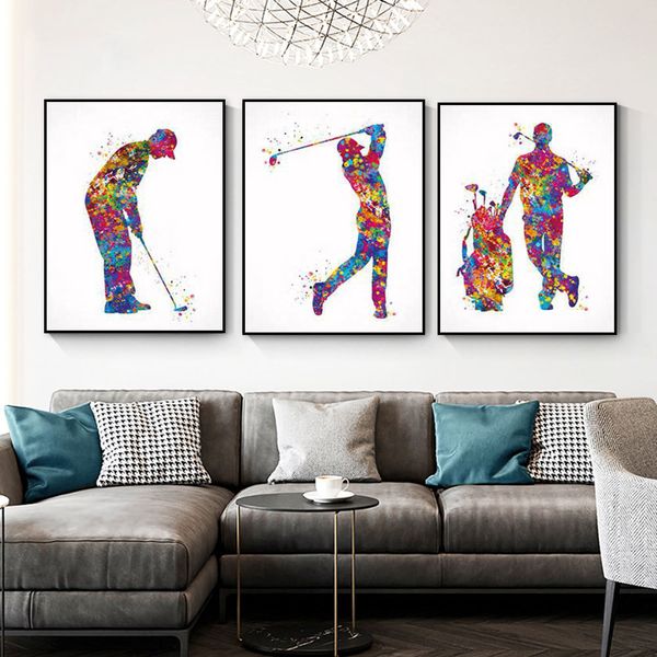 Acquerelli Giocatore di golf Poster Decorazioni per pareti Decorazioni per la parete Quadri su tela Club Stampe per esercizi Immagini Sport Palestra Decorazione per la casa