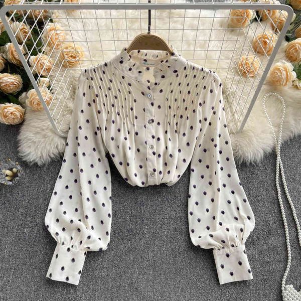 

women's blouses & shirts wave dot shirt stand collar fold lace neckline bubble long sleeve spring 2022 aging female chiffon q6gx, White