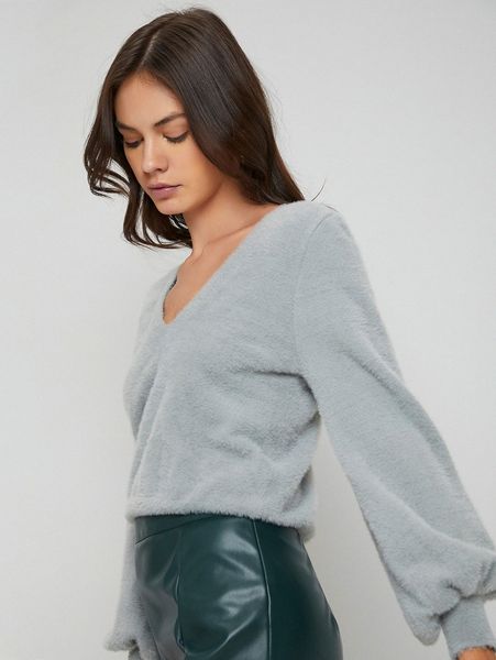 

lantern sleeve fuzzy knit sweater 20hm#, White;black