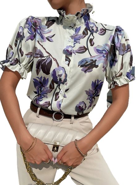 

floral print high neck frill trim 61eh#, White