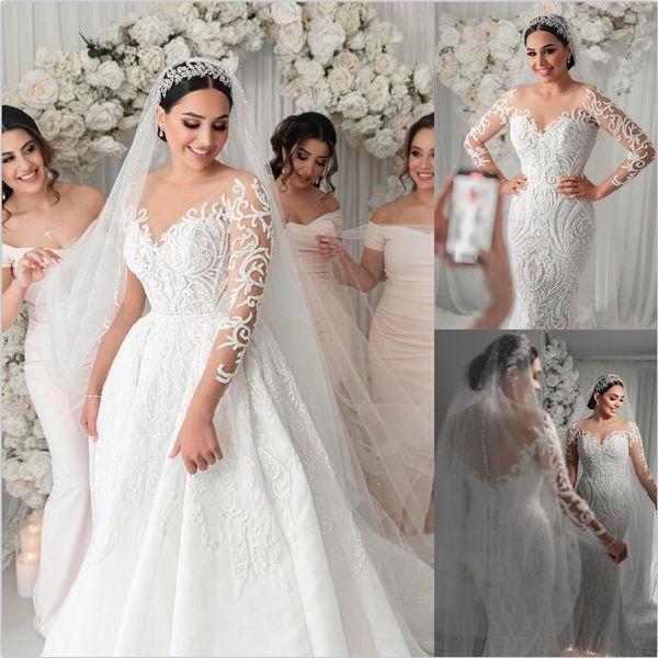 

luxury lace mermaid wedding dresses illusion sheer neck long sleeve with detachable train bridal gowns robe de mariÃ©e, White