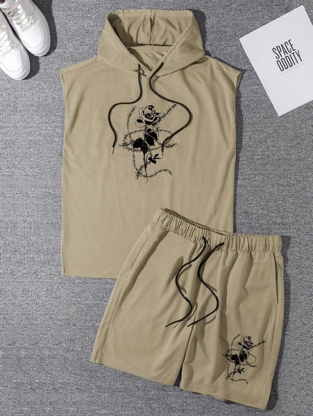 

men rose print drawstring hooded tank & shorts y9er#, Gray