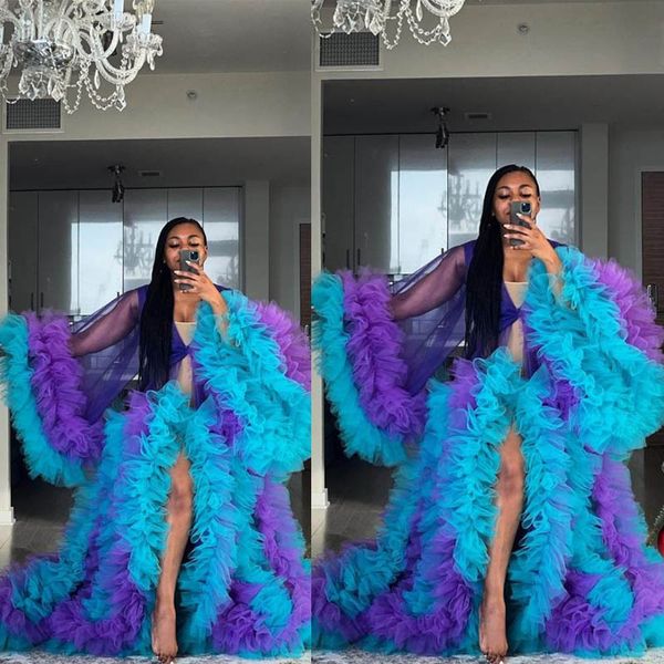 Mulheres sexy vestidos de maternidade roupa íntima rebufas coloridas tulle manga comprida azul e roxo foto sessão birdal wraps chique puffy plus size robe