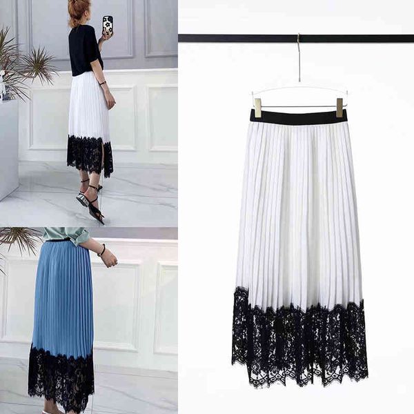 

skirts p260345bj pole end side slit lace splicing pleated skirt for women, Black