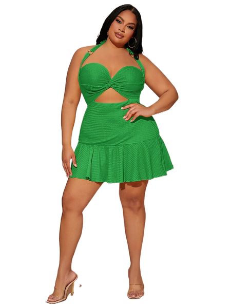 

sxy plus cut out twist tie backless ruffle hem halter dress b14d#, Black
