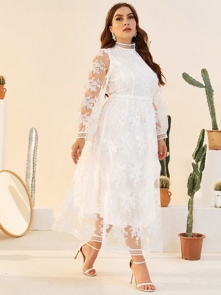 

plus mock neck embroidery mesh overlay dress c8l7#, Black