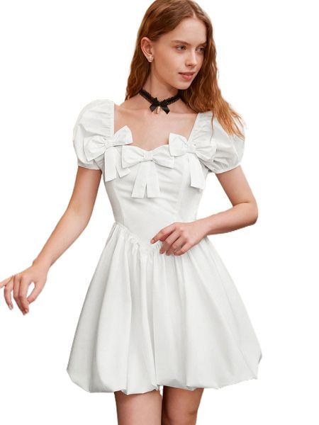 

mod bow front sweetheart neck puff sleeve dress d6cp#, Black;gray