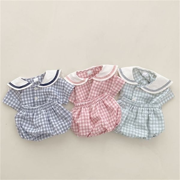 

baby girl fashion turndown collar print single breasted s sleevs tshirt boy simple plaid loose cotton shorts set 220606, White