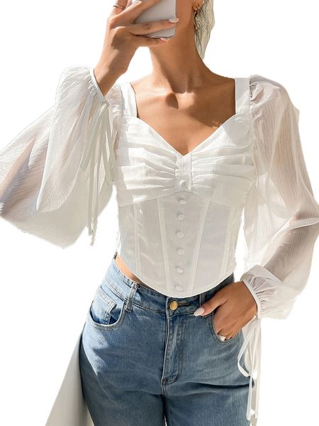 

ruched bust lantern sleeve blouse h9kd#, White