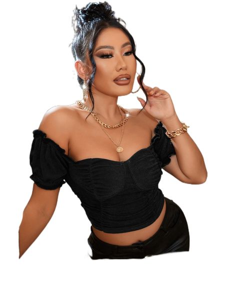 

sxy off the shoulder bustier ruched crop 94ku#, White