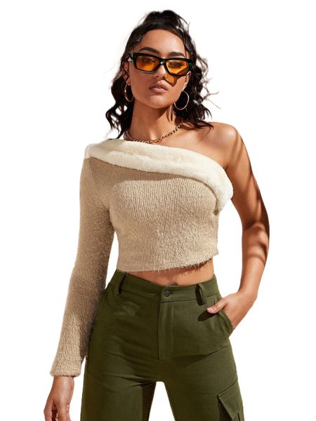

one shoulder fuzzy panel raw hem rib-knit crop tee a1py#, White