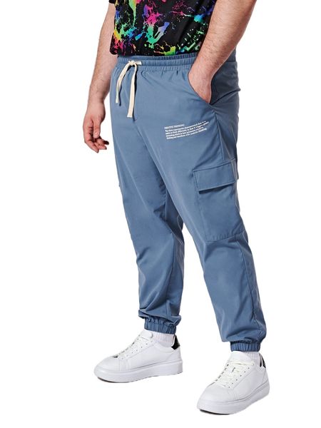 

extended sizes men slogan graphic drawstring waist cargo pants i9mo#, Black
