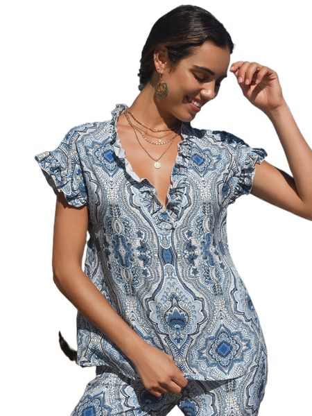 

floral print ruffle trim blouse 628u#, White