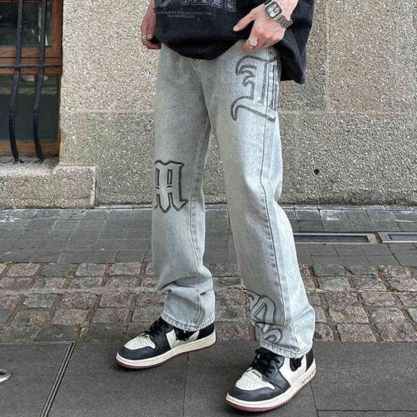 

print retro letter straight light blue washed mens denim pants high street pockets spliced casual jeans trousers oversized t220803