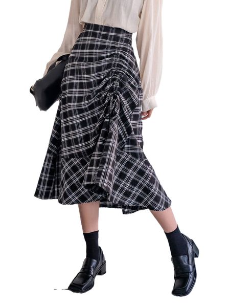 

dazy plaid drawstring front ruffle hem skirt q1sa#, Black