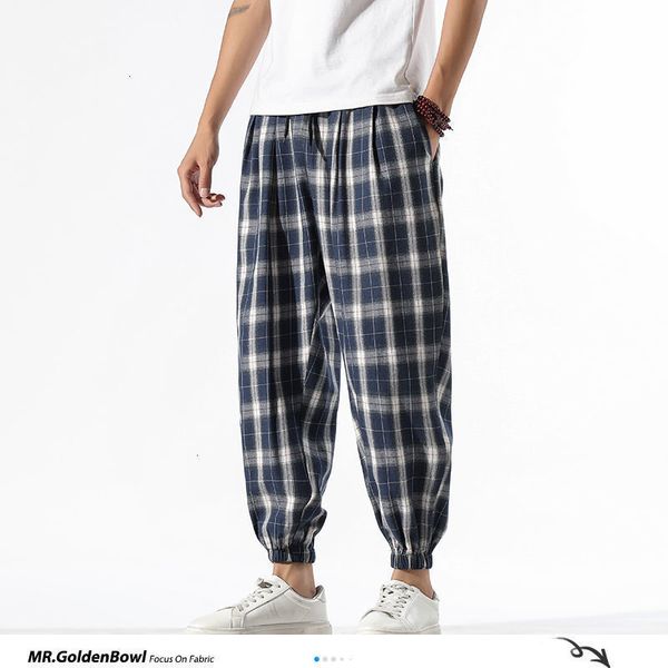 MrGoldenBowl Herren Anklelength Plaid Vintage Hosen Mann Baumwolle Leinen Chinesischen Stil Lose Männliche Übergröße 5XL Böden 201112