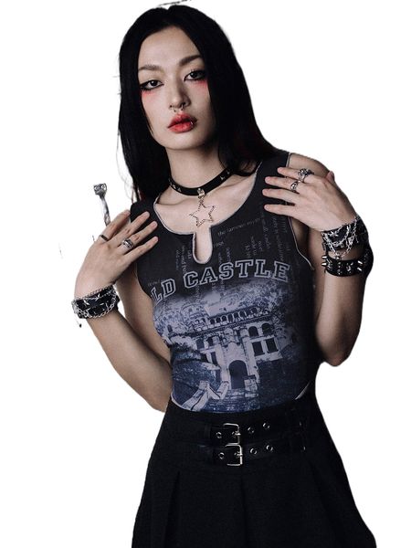 

romwe punk rock stitching trim letter graphic tank u5qk#, White