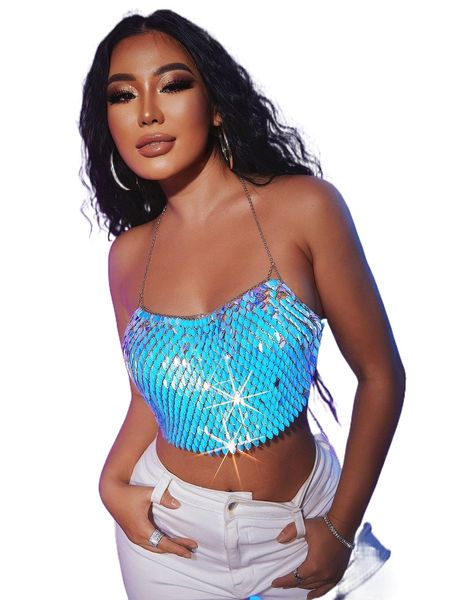 

sxy chain detail backless sequin halter 96vq#, White