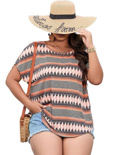 

plus geo print batwing sleeve tee 88d9#, Black