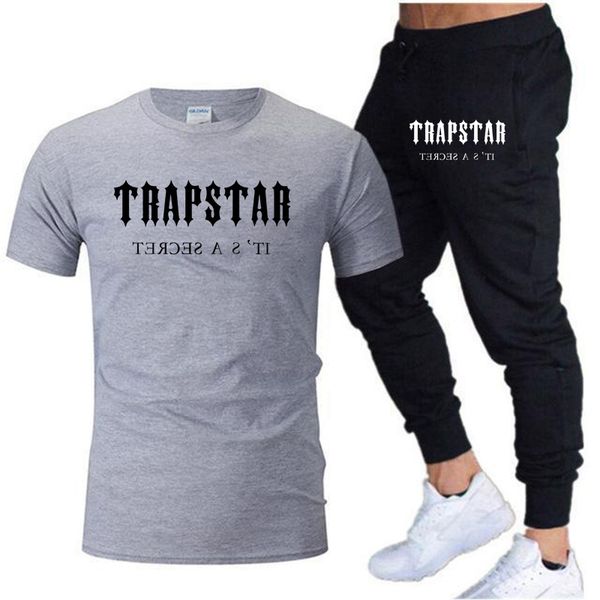 

summer casual men's t-shirt pants suit trapstar brand short sleeve set printed cotton shirts jogging sweatpants male sportswear 220602, Gray
