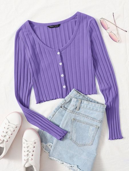 

buttoned front lettuce trim rib-knit q35c#, White