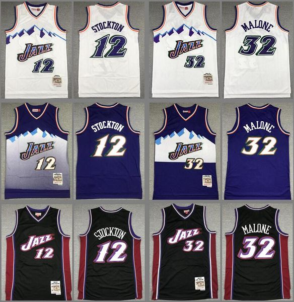 Hot Retro Basketball Trikots John Stockton #12 Karl Malone #32 Jersey Blue Black White