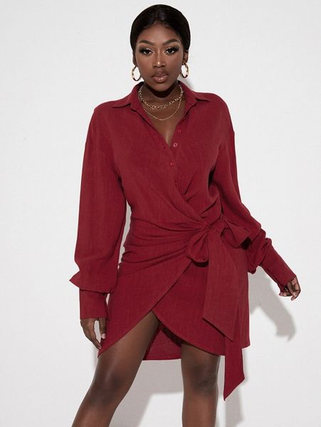 

lantern sleeve wrap tie side shirt dress 81py#, Black;gray