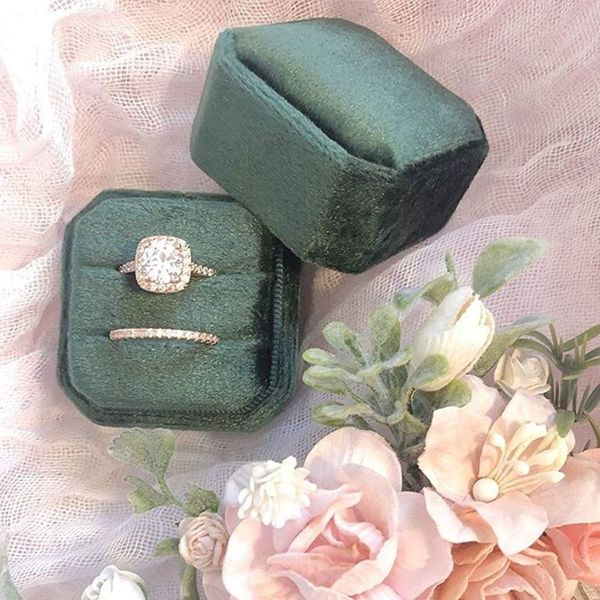 

durable wedding octagon square hexagon shape with detachable lid velvet jewelry box double ring storage box ring display box 220813, Black
