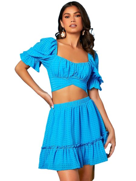 

ruched bust puff sleeve tie back crop & frill trim skirt o3zu#, White