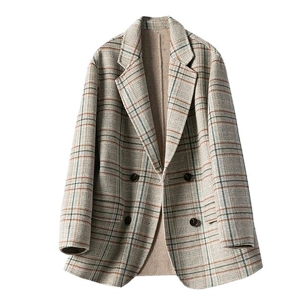 

2020 autumn winter women casual plaid wool jacket and coat lj201106, Black