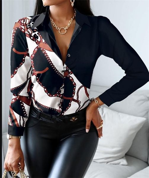 

& women's blouses shirts spring autumn women scarf print patchwork shirt 2021 femme casual button up turn-down collar office lady outfi, White