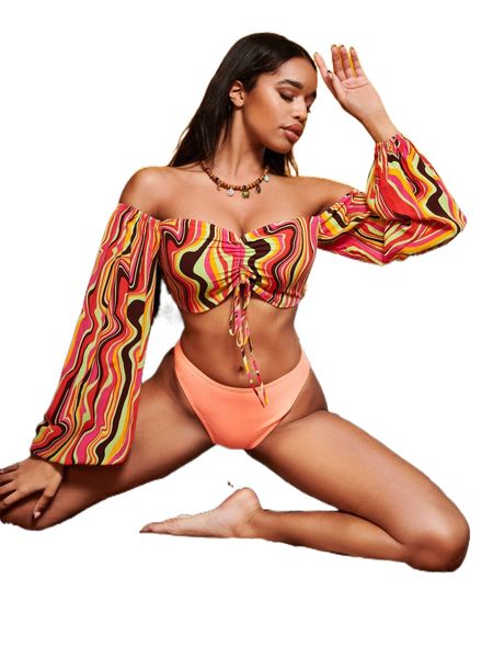 

sxy off shoulder lantern sleeve drawstring wave striped g03t#, White