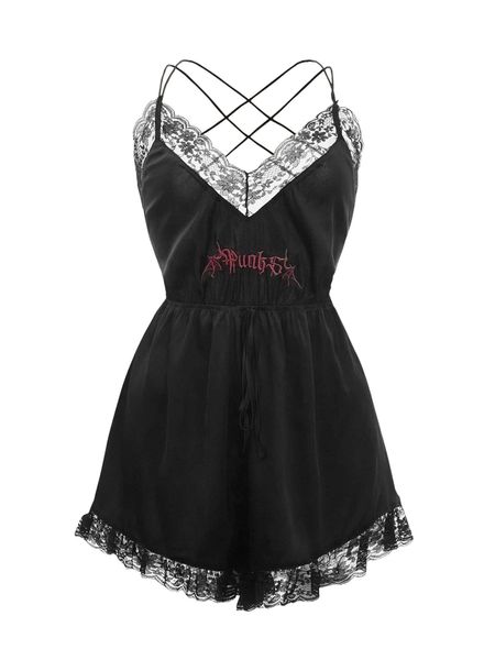 

letter embroidery lace trim knot front criss cross back romper g1qf#, Black;white